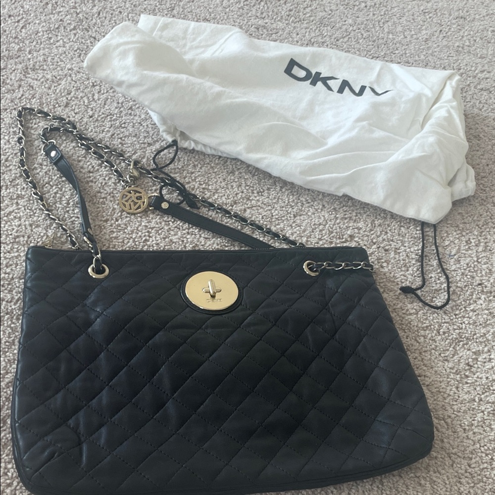 DKNY Black Quilted Shoulder Bag with Gold Accents